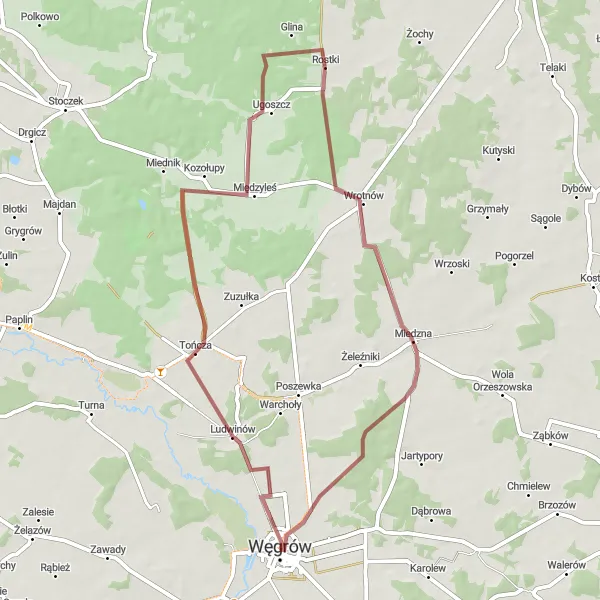 Map miniature of "Off the Beaten Path Gravel Ride" cycling inspiration in Mazowiecki regionalny, Poland. Generated by Tarmacs.app cycling route planner