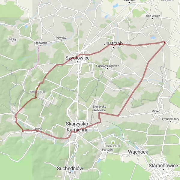 Map miniature of "Przygon and Szydłówek Gravel Route" cycling inspiration in Mazowiecki regionalny, Poland. Generated by Tarmacs.app cycling route planner