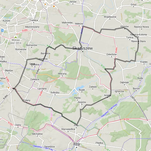 Map miniature of "Krzyżanowice Circuit" cycling inspiration in Mazowiecki regionalny, Poland. Generated by Tarmacs.app cycling route planner