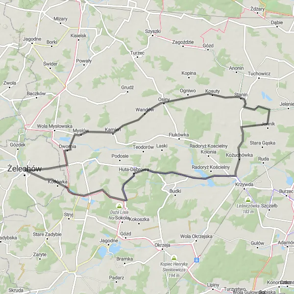 Miniatura mapy "Trasa przez Dwornia, Kożuchówka, Bugaj i Huta Zadybska" - trasy rowerowej w Mazowiecki regionalny, Poland. Wygenerowane przez planer tras rowerowych Tarmacs.app