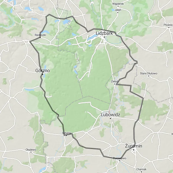 Map miniature of "Górzno Loop Road Cycling Route Starting from Żuromin" cycling inspiration in Mazowiecki regionalny, Poland. Generated by Tarmacs.app cycling route planner