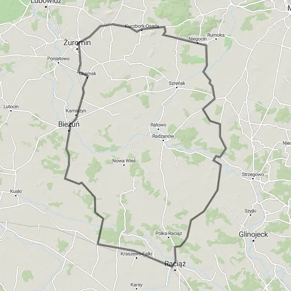 Miniatura mapy "Trasa Road przez Radzimowice, Raciąż i Bieżuń do Żuromina" - trasy rowerowej w Mazowiecki regionalny, Poland. Wygenerowane przez planer tras rowerowych Tarmacs.app