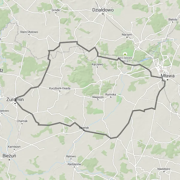 Map miniature of "Żuromin and Surroundings" cycling inspiration in Mazowiecki regionalny, Poland. Generated by Tarmacs.app cycling route planner