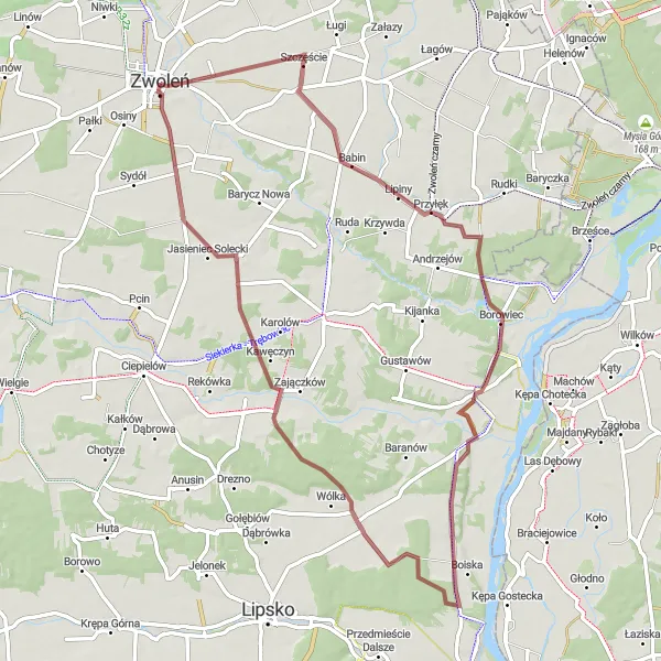 Map miniature of "Zwoleń to Borowiec Loop" cycling inspiration in Mazowiecki regionalny, Poland. Generated by Tarmacs.app cycling route planner