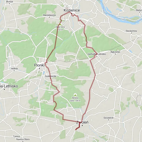 Miniatura mapy "Trasa rowerowa wokół Zwoleń na rowerze gravelowym" - trasy rowerowej w Mazowiecki regionalny, Poland. Wygenerowane przez planer tras rowerowych Tarmacs.app