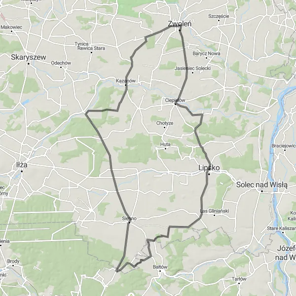 Map miniature of "Zwoleń to Nowa Osówka Loop" cycling inspiration in Mazowiecki regionalny, Poland. Generated by Tarmacs.app cycling route planner