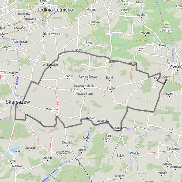 Map miniature of "Miechów Loop" cycling inspiration in Mazowiecki regionalny, Poland. Generated by Tarmacs.app cycling route planner