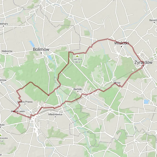Miniatura mapy "Trasa gravelowa przez Mrozy i Łysą Górę" - trasy rowerowej w Mazowiecki regionalny, Poland. Wygenerowane przez planer tras rowerowych Tarmacs.app