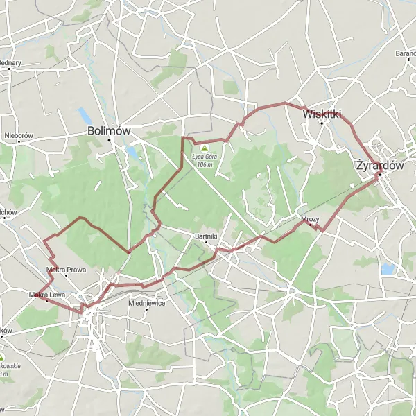 Map miniature of "Majestic Gravel" cycling inspiration in Mazowiecki regionalny, Poland. Generated by Tarmacs.app cycling route planner