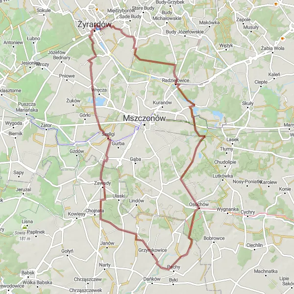 Miniatura mapy "Trasa gruzowa Radziejowice-Nowy Dworek" - trasy rowerowej w Mazowiecki regionalny, Poland. Wygenerowane przez planer tras rowerowych Tarmacs.app
