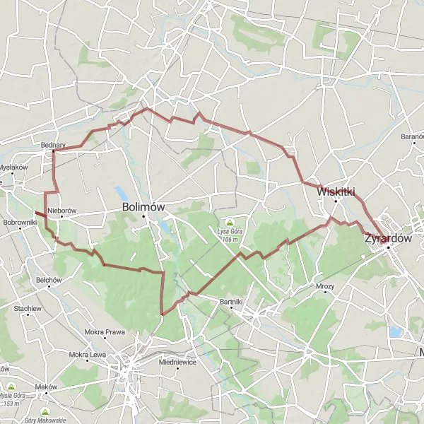 Map miniature of "The Bednary Adventure" cycling inspiration in Mazowiecki regionalny, Poland. Generated by Tarmacs.app cycling route planner