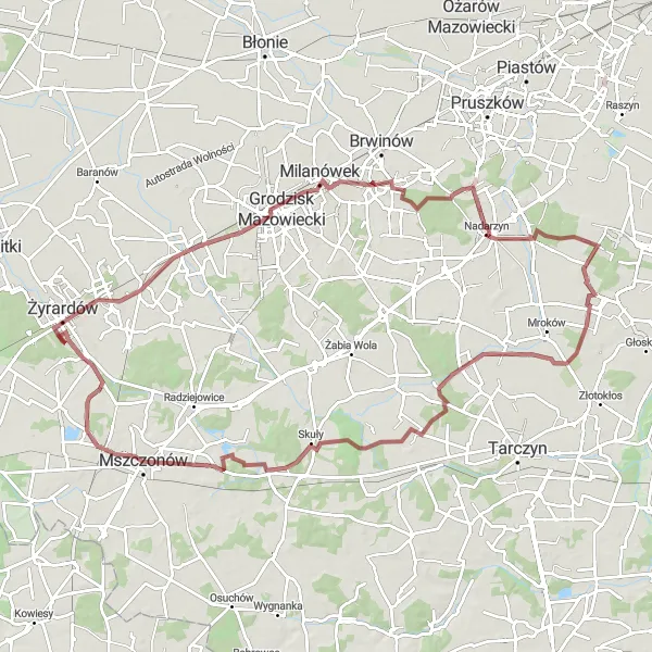 Map miniature of "The Panoramic Gravel Loop" cycling inspiration in Mazowiecki regionalny, Poland. Generated by Tarmacs.app cycling route planner