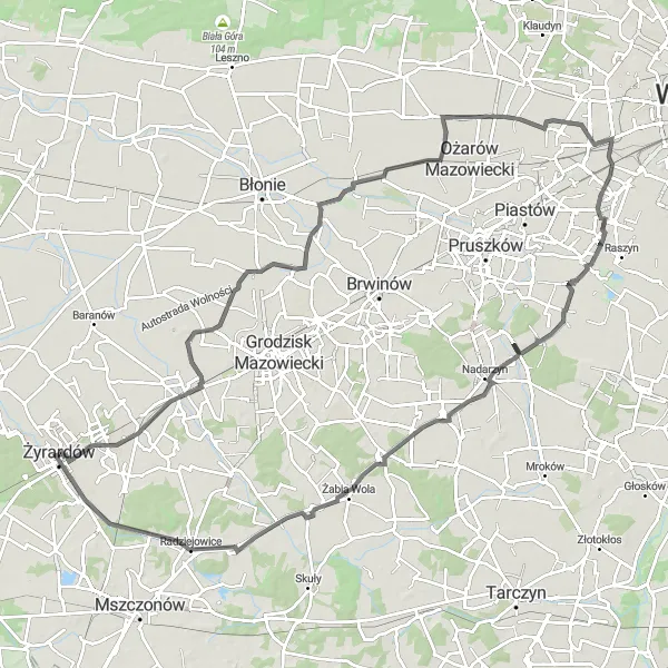 Map miniature of "Mazovian Gravel and Road Adventure" cycling inspiration in Mazowiecki regionalny, Poland. Generated by Tarmacs.app cycling route planner