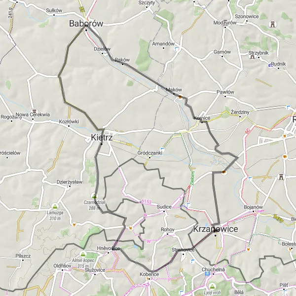 Map miniature of "Krzanowice Adventure" cycling inspiration in Opolskie, Poland. Generated by Tarmacs.app cycling route planner