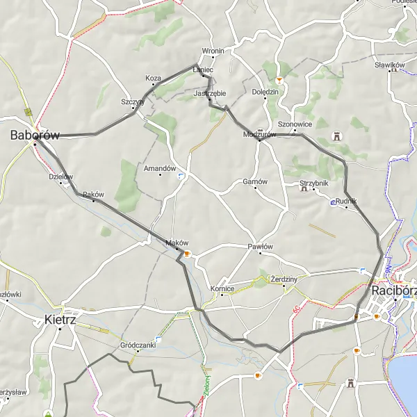 Map miniature of "Modzurów Loop" cycling inspiration in Opolskie, Poland. Generated by Tarmacs.app cycling route planner