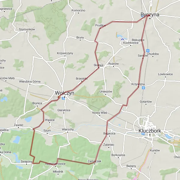Miniatura mapy "Trasa rowerowa Krzywizna-Radomierowice-Wołczyn-Byczyna" - trasy rowerowej w Opolskie, Poland. Wygenerowane przez planer tras rowerowych Tarmacs.app