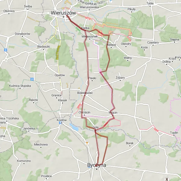 Map miniature of "Gravel Adventure to Wójcin, Wieruszów, Bolesławiec, Baszta Bolesławiec, Byczyna" cycling inspiration in Opolskie, Poland. Generated by Tarmacs.app cycling route planner