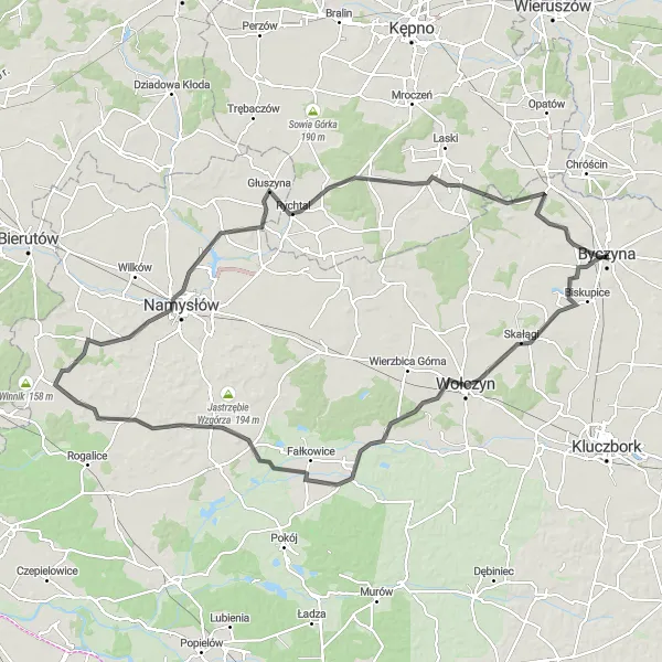 Map miniature of "Namysłów Loop via Wołczyn, Biestrzykowice, Smarchowice Śląskie, Głuszyna, Ciecierzyn" cycling inspiration in Opolskie, Poland. Generated by Tarmacs.app cycling route planner