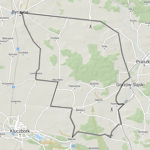 Map miniature of "Byczyna Circuit via Zdziechowice, Gorzów Śląski, Bąków, Dobiercice" cycling inspiration in Opolskie, Poland. Generated by Tarmacs.app cycling route planner