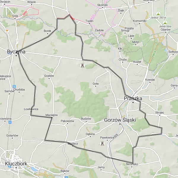 Map miniature of "Scenic Bike Tour to Łubnice, Praszka, Kozłowice, Dobiercice" cycling inspiration in Opolskie, Poland. Generated by Tarmacs.app cycling route planner