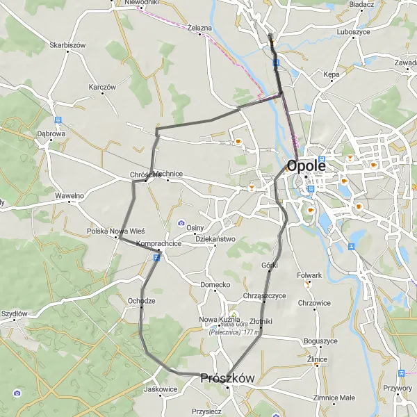 Miniatura mapy "Trasa Szosowa przez Rathaus, Ochodze i Zapłocie" - trasy rowerowej w Opolskie, Poland. Wygenerowane przez planer tras rowerowych Tarmacs.app