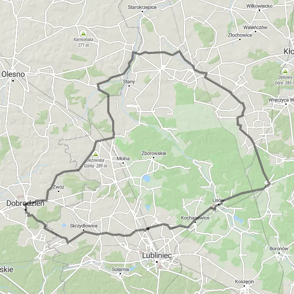 Map miniature of "Jeżowska Górka Loop" cycling inspiration in Opolskie, Poland. Generated by Tarmacs.app cycling route planner