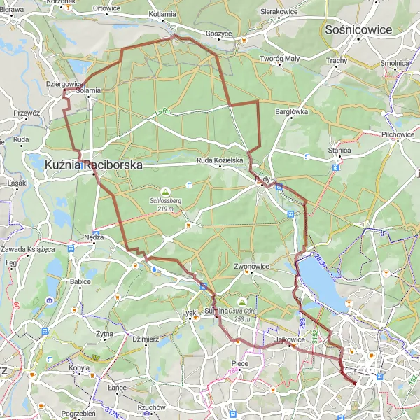 Map miniature of "Raciborska Exploration" cycling inspiration in Opolskie, Poland. Generated by Tarmacs.app cycling route planner