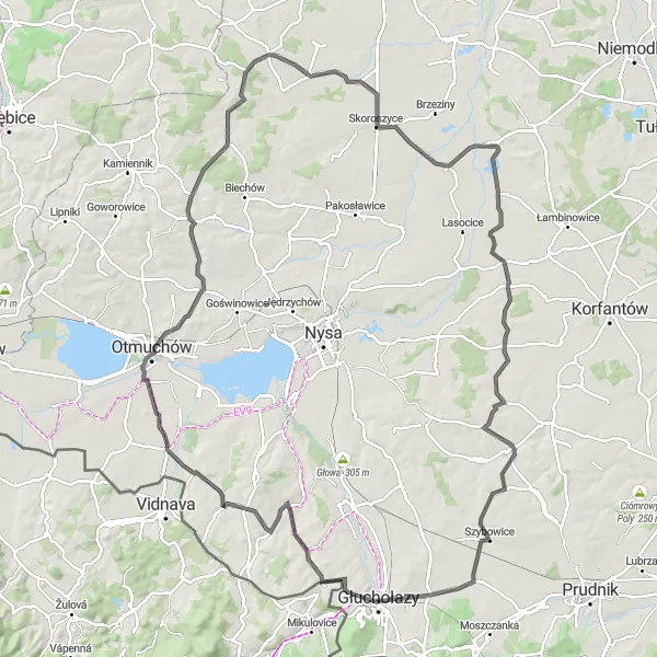 Map miniature of "Kalwaria - Kijów - Kałków - Kłodobok - Bogdanów - Mieszkowice - Głuchołazy Loop" cycling inspiration in Opolskie, Poland. Generated by Tarmacs.app cycling route planner