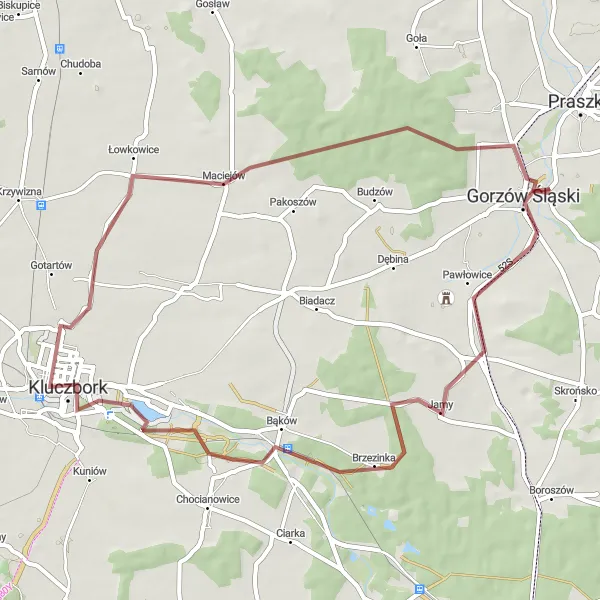 Map miniature of "The Gorzów Śląski Gravel Route" cycling inspiration in Opolskie, Poland. Generated by Tarmacs.app cycling route planner