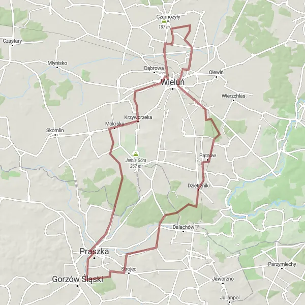Miniatura mapy "Trasa gravelowa przez Praszkę i Wieluń" - trasy rowerowej w Opolskie, Poland. Wygenerowane przez planer tras rowerowych Tarmacs.app