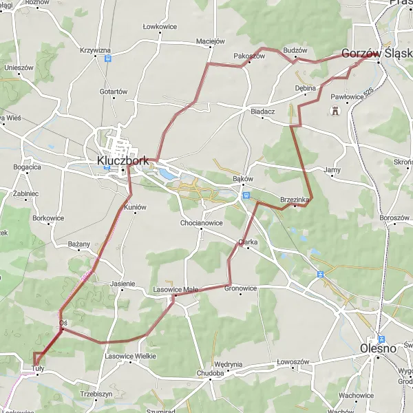 Map miniature of "Tuły and Kluczbork Gravel Adventure" cycling inspiration in Opolskie, Poland. Generated by Tarmacs.app cycling route planner