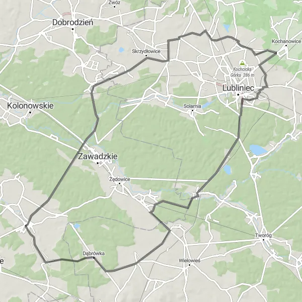 Map miniature of "Exploring the Surrounding Villages" cycling inspiration in Opolskie, Poland. Generated by Tarmacs.app cycling route planner