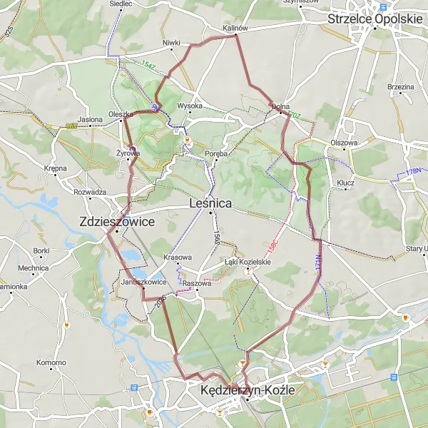 Map miniature of "Gravel Route through Kędzierzyn-Koźle" cycling inspiration in Opolskie, Poland. Generated by Tarmacs.app cycling route planner