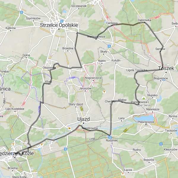 Map miniature of "Challenging Road Cycling Loop to Sławięcice" cycling inspiration in Opolskie, Poland. Generated by Tarmacs.app cycling route planner