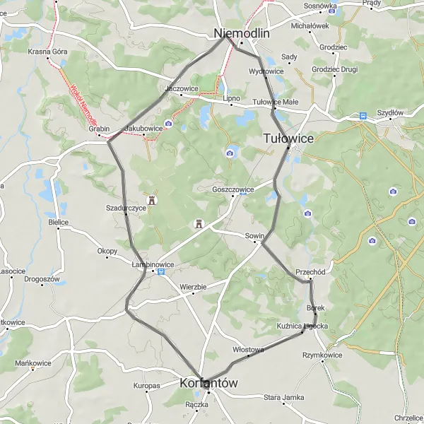 Map miniature of "Korfantów and Borek Tour" cycling inspiration in Opolskie, Poland. Generated by Tarmacs.app cycling route planner