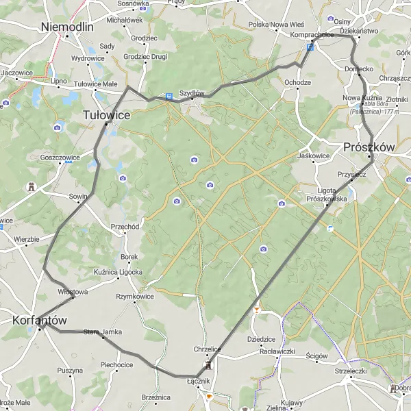 Map miniature of "Korfantów Exploration" cycling inspiration in Opolskie, Poland. Generated by Tarmacs.app cycling route planner