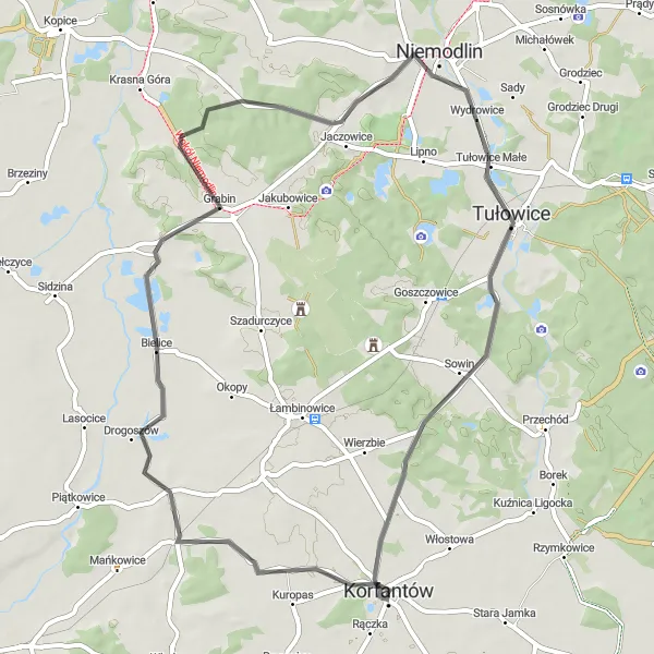 Map miniature of "Korfantów and Myszowice Loop" cycling inspiration in Opolskie, Poland. Generated by Tarmacs.app cycling route planner