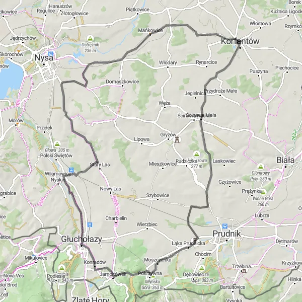 Miniatura mapy "Trasa w okolicach Korfantowa" - trasy rowerowej w Opolskie, Poland. Wygenerowane przez planer tras rowerowych Tarmacs.app