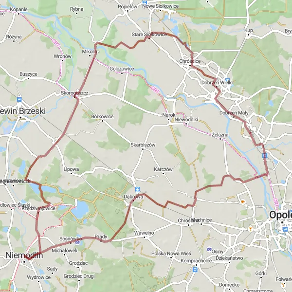 Map miniature of "Exploring Gravel Routes around Niemodlin" cycling inspiration in Opolskie, Poland. Generated by Tarmacs.app cycling route planner