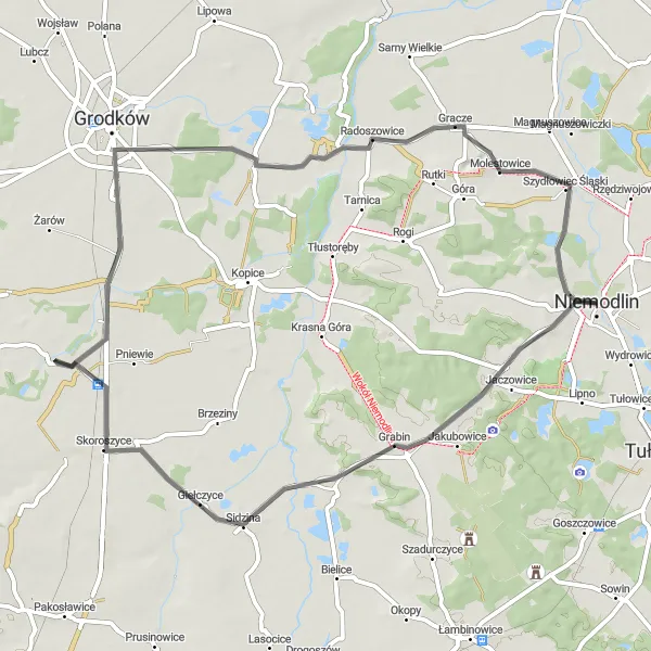 Map miniature of "Niemodlin Countryside Ride" cycling inspiration in Opolskie, Poland. Generated by Tarmacs.app cycling route planner