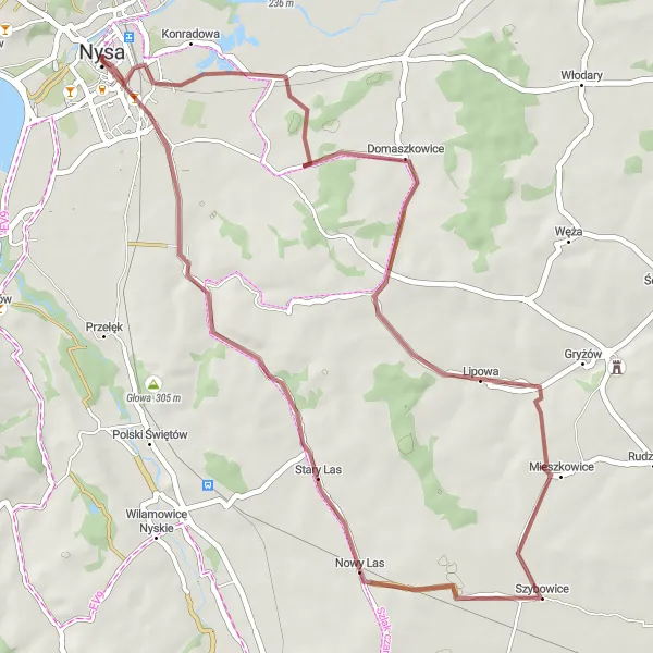 Map miniature of "Nysa-Lipowa Loop" cycling inspiration in Opolskie, Poland. Generated by Tarmacs.app cycling route planner