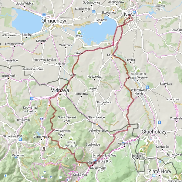 Map miniature of "Nysa to Siestrzechowice Gravel Route" cycling inspiration in Opolskie, Poland. Generated by Tarmacs.app cycling route planner