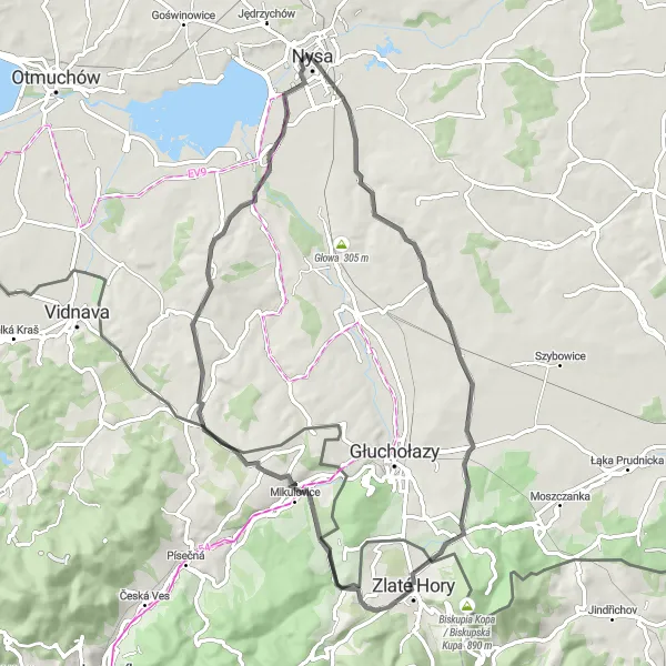 Map miniature of "Scenic Road Cycling Route from Nysa" cycling inspiration in Opolskie, Poland. Generated by Tarmacs.app cycling route planner