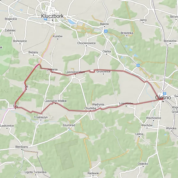 Map miniature of "Olesno and Jasienie Gravel Ride" cycling inspiration in Opolskie, Poland. Generated by Tarmacs.app cycling route planner