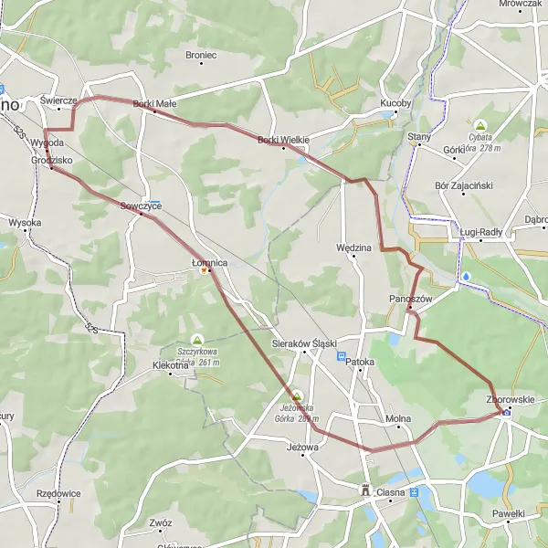 Map miniature of "Olesno-Borki Małe-Panoszów-Jeżowska Górka-Łomnica-Grodzisko" cycling inspiration in Opolskie, Poland. Generated by Tarmacs.app cycling route planner