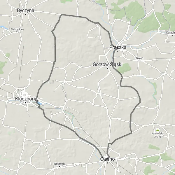 Map miniature of "Olesno and Chocianowice Loop" cycling inspiration in Opolskie, Poland. Generated by Tarmacs.app cycling route planner