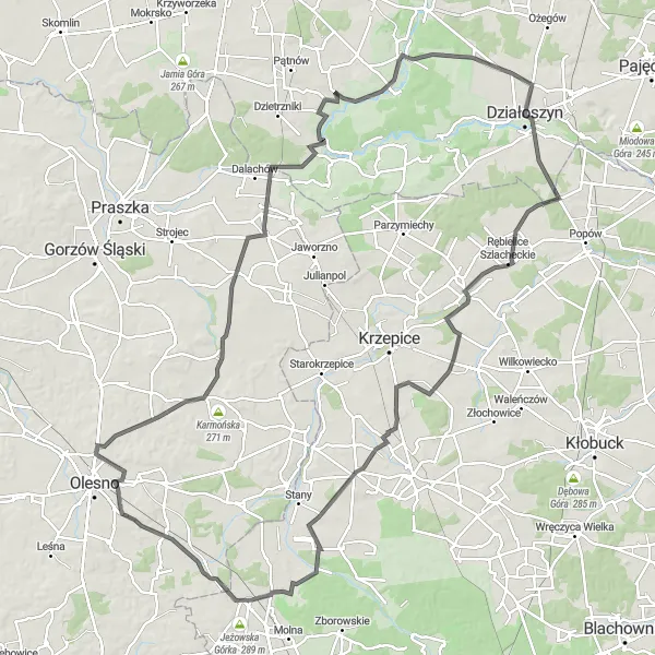 Map miniature of "Radłów and Działoszyn Challenge" cycling inspiration in Opolskie, Poland. Generated by Tarmacs.app cycling route planner