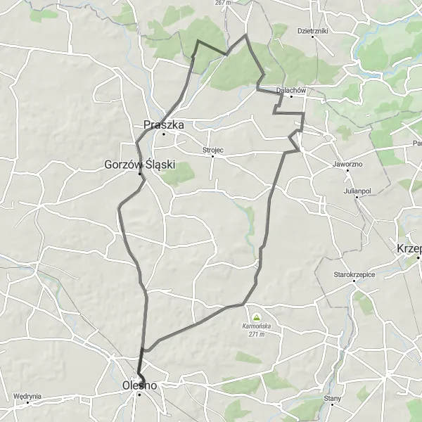 Map miniature of "Olesno-Kozłowice-Żytniów-Olesno" cycling inspiration in Opolskie, Poland. Generated by Tarmacs.app cycling route planner