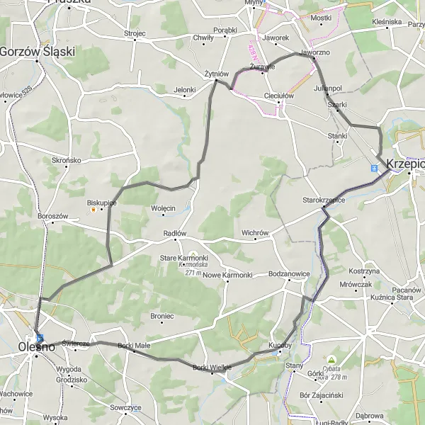 Map miniature of "Olesno-Kolonia Biskupska-Żytniów-Borki Wielkie-Olesno" cycling inspiration in Opolskie, Poland. Generated by Tarmacs.app cycling route planner