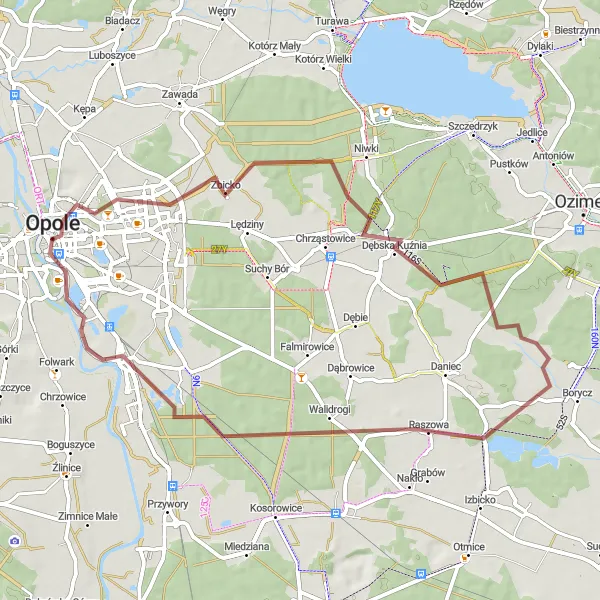 Map miniature of "Opole to Wieża Piastowska Gravel Route" cycling inspiration in Opolskie, Poland. Generated by Tarmacs.app cycling route planner